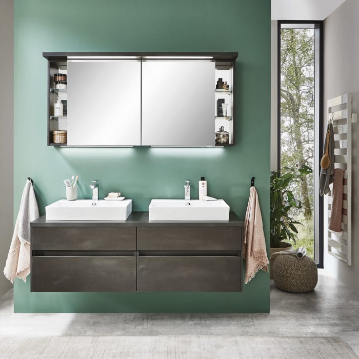 Puris Unique Spiegelschrank 140 x 15 x 66,8 cm mit Gesimsboden inkl. 2 x LED Waschplatzbeleuchtung