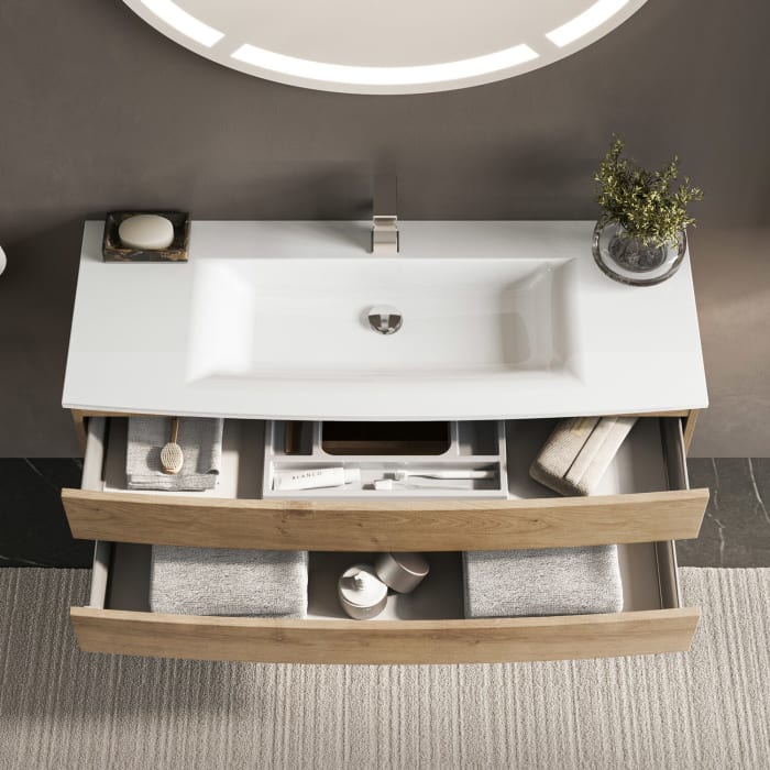 Puris Vora Badmöbel-Set 121,2 cm inkl. Flächenspiegel oval, Highboard halboffen