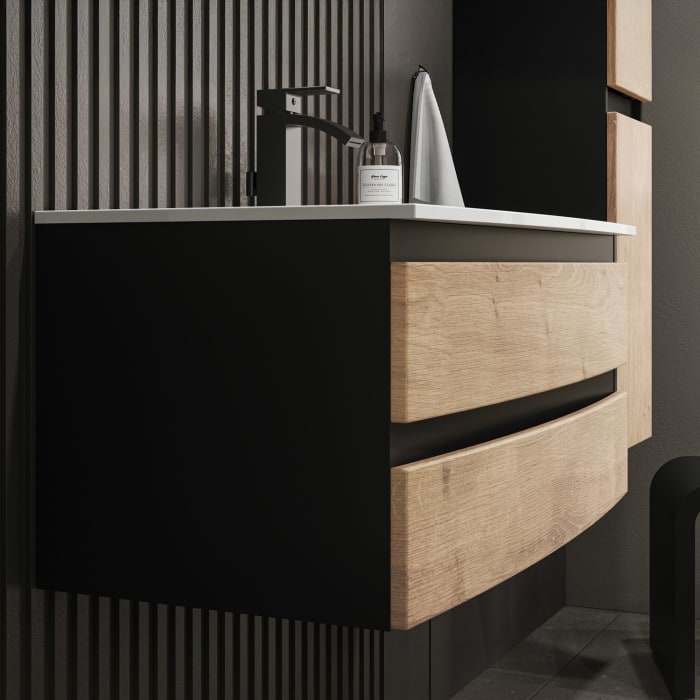 Puris Vora Badmöbel-Set 91,2 cm inkl. Flächenspiegel oval, Highboard mit Wäschekippe