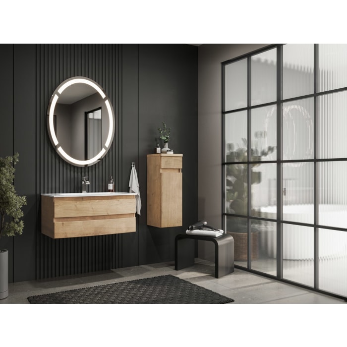 Puris Vora Badmöbel-Set 91,2 cm inkl. Flächenspiegel oval, Highboard mit Wäschekippe