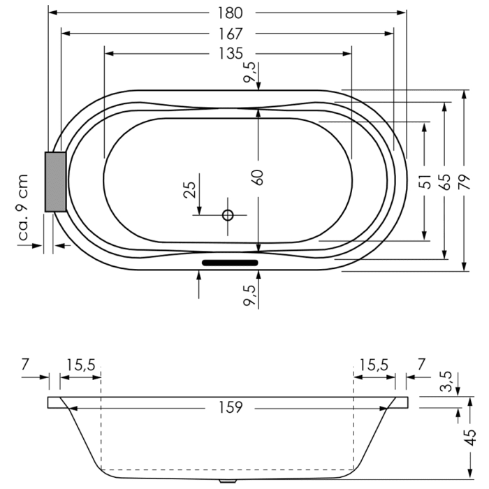 Repabad Pluto 180/80 Oval-Badewanne