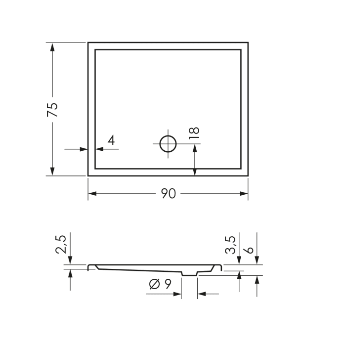 Repabad Wien Rechteck-Duschwanne 90 x 75 cm