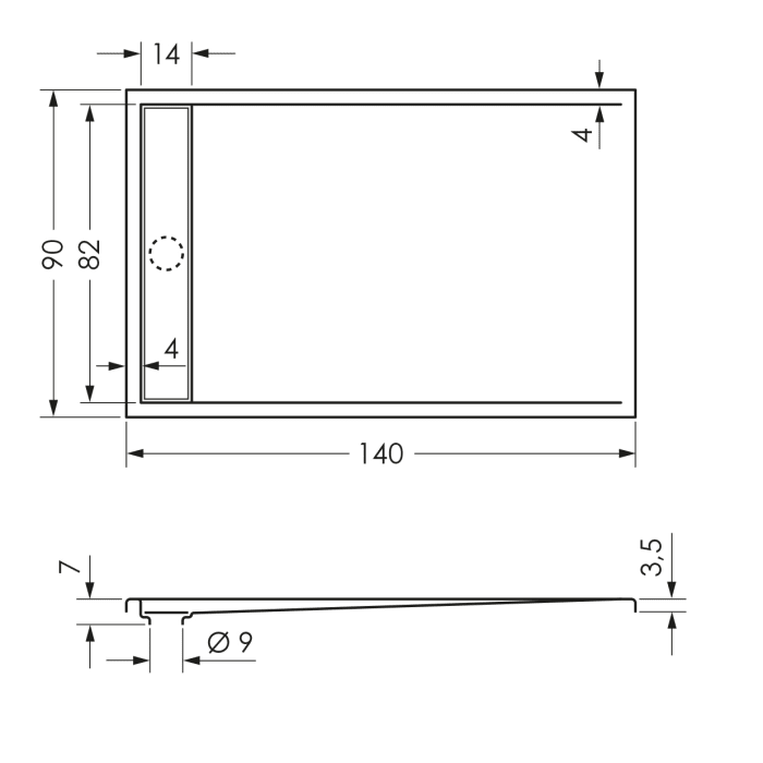 Repabad Zermatt Rechteckduschwanne 140 x 90 cm, superflach mit Ablaufrinne