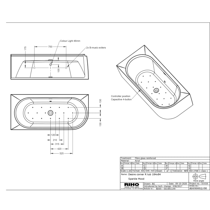 Riho Desire Corner Eck-Badewanne 184 x 84 cm rechts mit Riho Fall, LED Beleuchtung, Sparkle Mood