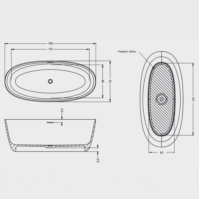 Riho Oval Solid-Wanne 160 x 72 x 56,5 cm