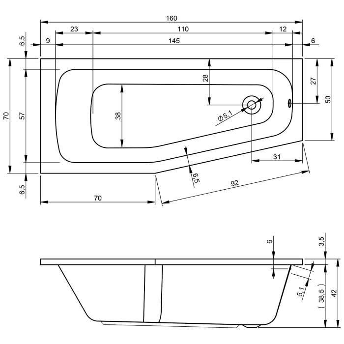 Riho Dola Raumspar-Badewanne 160 x 70 x 4 cm rechts