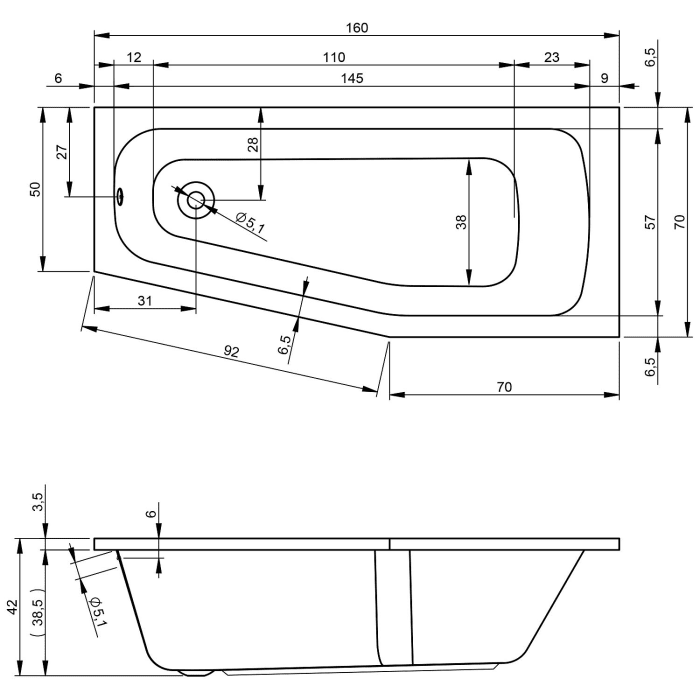 Riho Dola Raumspar-Badewanne 160 x 70 x 4 cm links