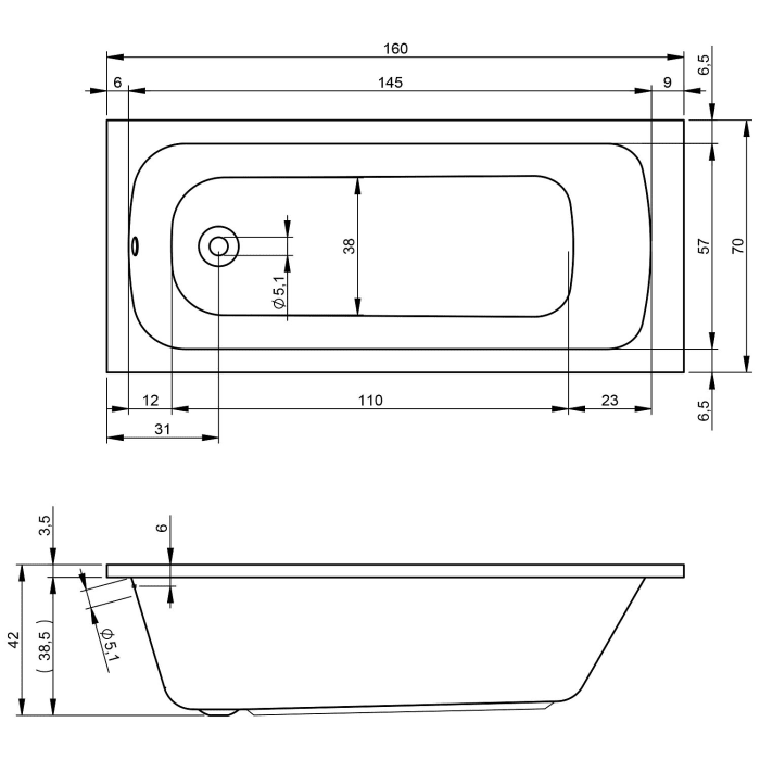 Riho Dola Rechteck-Badewanne 160 x 70 cm