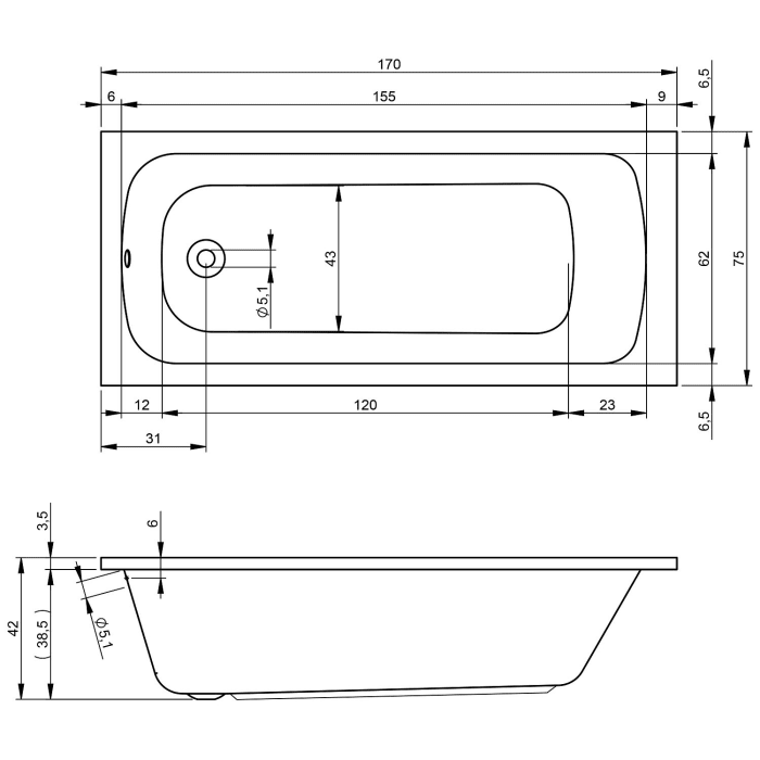 Riho Dola Rechteck-Badewanne 170 x 75 cm