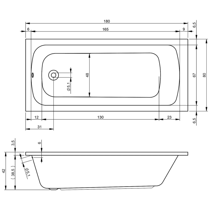 Riho Dola Rechteck-Badewanne 180 x 80 cm