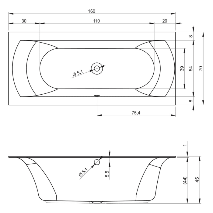 Riho Linares Rechteck-Badewanne, Plug & Play, Back-2-Wall rechts, 160 x 70 cm