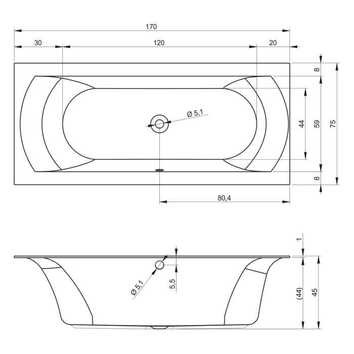 Riho Linares Rechteck-Badewanne, Plug & Play, Back-2-Wall links, 170 x 75 cm