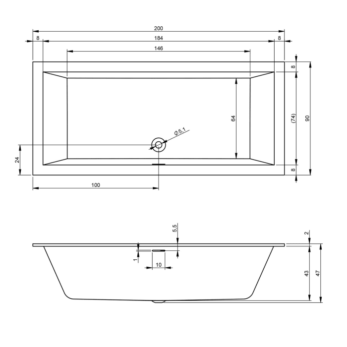 Riho Rethink Cubic Badewanne 200 x 90 cm rechts mit Riho Fall + Bliss-System