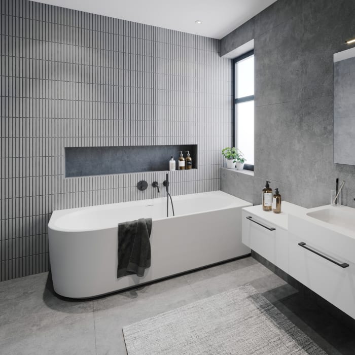 Riho Desire Corner Back-2-Wall Vorwand-Badewanne 170 x 77 cm, links, mit Sparkle Mood und Riho Fall