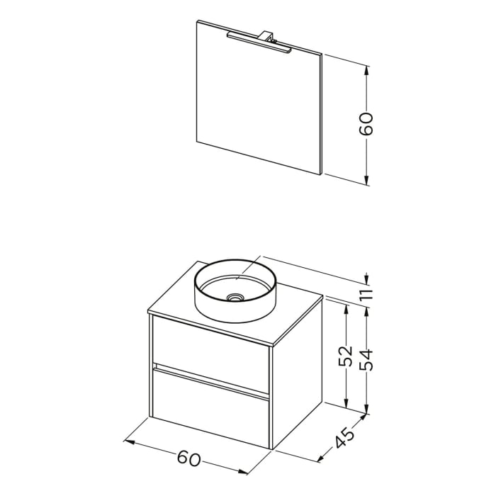 Riho Porto Bowls Badmöbel-Set mit Unterschrank mit 2 Schubladen, Waschtisch und Spiegel, 60 cm