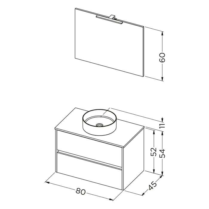Riho Porto Bowls Badmöbel-Set mit Unterschrank mit 2 Schubladen, Waschtisch und Spiegel, 80 cm