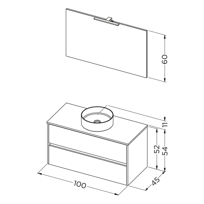 Riho Porto Bowls Badmöbel-Set mit Unterschrank mit 2 Schubladen, Waschtisch und Spiegel, 100 cm