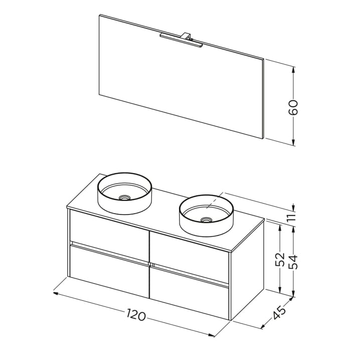 Riho Porto Bowls Badmöbel-Set mit Unterschrank mit 4 Schubladen, Waschtisch und Spiegel, 120 cm