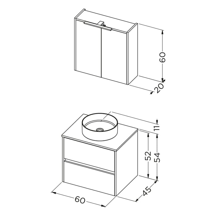 Riho Porto Bowls Badmöbel-Set mit Unterschrank mit 2 Schubladen, Waschtisch und Spiegelschrank, 60 cm