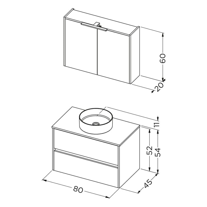 Riho Porto Bowls Badmöbel-Set mit Unterschrank mit 2 Schubladen, Waschtisch und Spiegelschrank, 80 cm