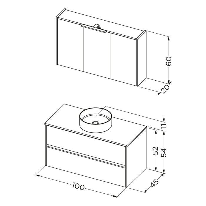 Riho Porto Bowls Badmöbel-Set mit Unterschrank mit 2 Schubladen, Waschtisch und Spiegelschrank, 100 cm