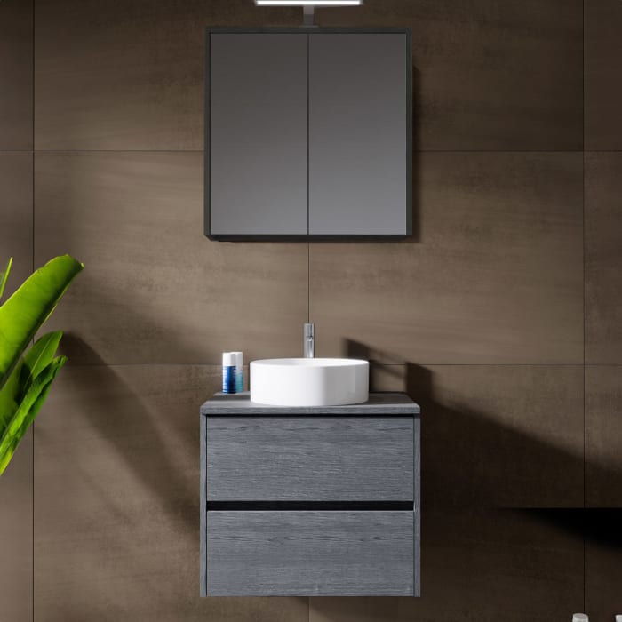 Riho Porto Bowls Badmöbel-Set mit Unterschrank mit 2 Schubladen, Waschtisch und Spiegelschrank, 60 cm