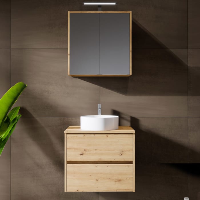 Riho Porto Bowls Badmöbel-Set mit Unterschrank mit 2 Schubladen, Waschtisch und Spiegelschrank, 60 cm