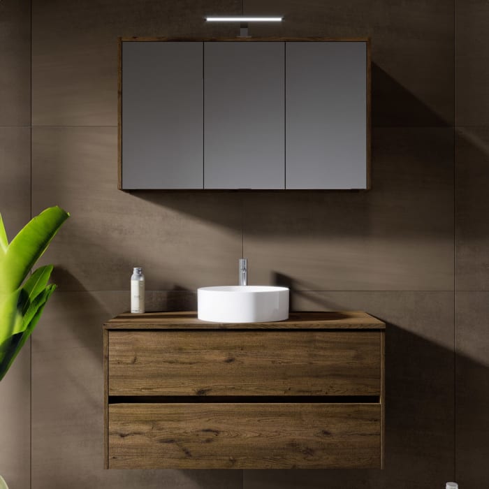 Riho Porto Bowls Badmöbel-Set mit Unterschrank mit 2 Schubladen, Waschtisch und Spiegelschrank, 100 cm