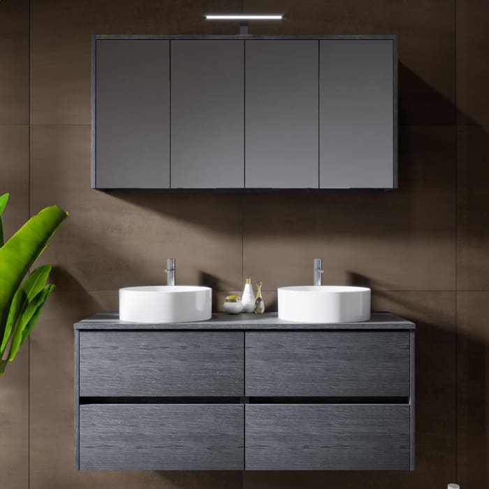 Riho Porto Bowls Badmöbel-Set mit Unterschrank mit 4 Schubladen, Waschtisch und Spiegelschrank, 120 cm