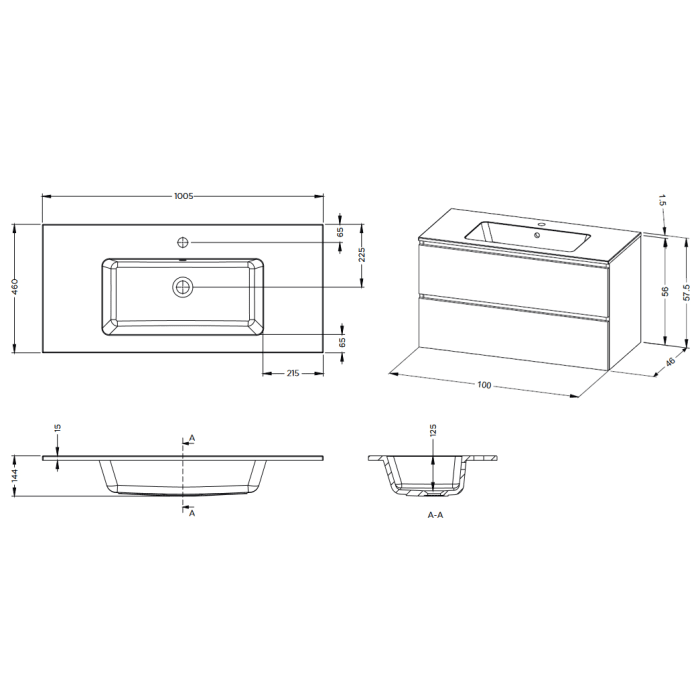 Riho Spring DEW Waschtisch mit Unterschrank, 2 Schubladen 100 cm