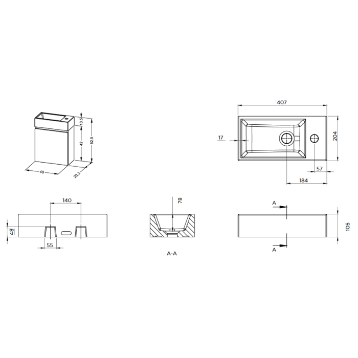 Riho Spring RISE Waschtisch mit Unterschrank für Gäste WC, 1 Tür, 40 cm, mit Gehrung, Becken links