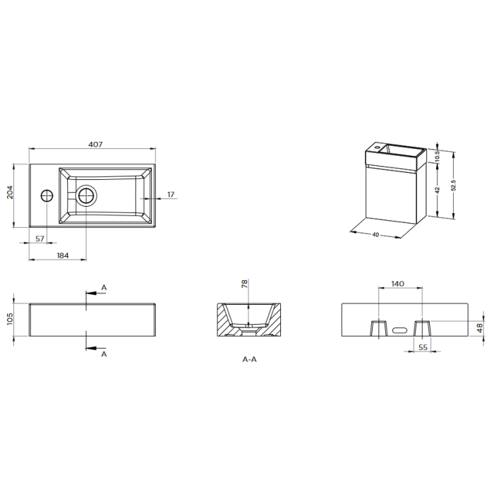 Riho Spring RISE Waschtisch mit Unterschrank für Gäste WC, 1 Tür, 40 cm, mit Gehrung, Becken rechts