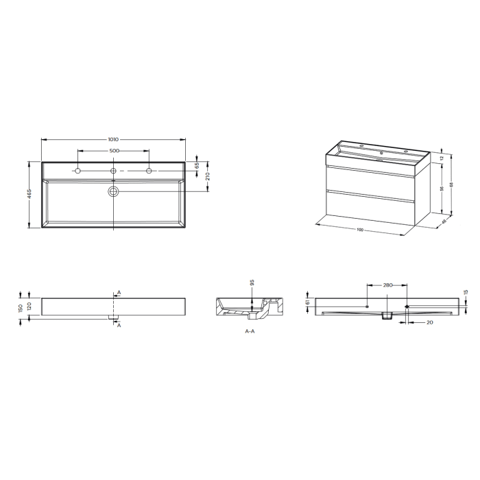 Riho Spring RISE Waschtisch-Set inkl. Spiegelschrank, mit Gehrung 100 cm
