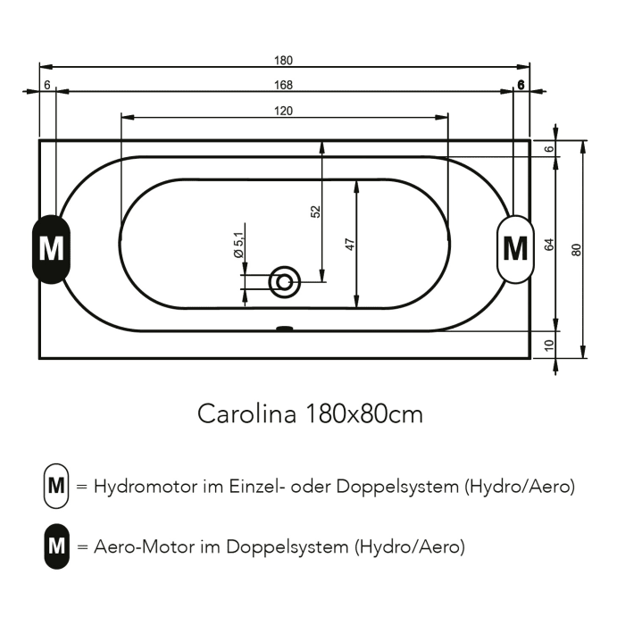 Riho Carolina 180 x 80 cm Easypool 3.1 mit pneumatischer Bedienung