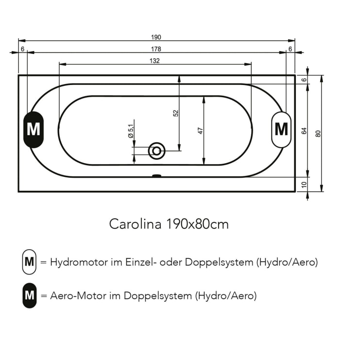 Riho Carolina 190 x 80 cm Easypool 3.1 mit pneumatischer Bedienung