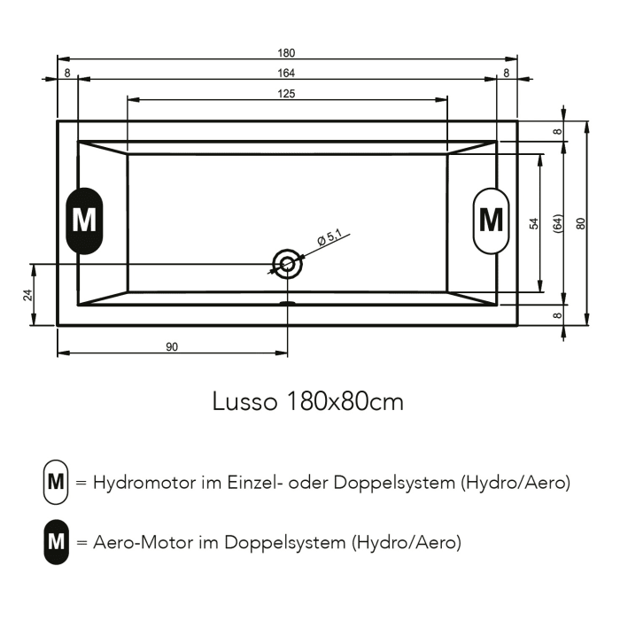 Riho Lusso 180 x 80 cm Easypool 3.1 mit pneumatischer Bedienung
