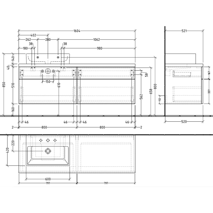 Sanipa 2morrow WT-Unterbau und Anbauschrank mit Konsole 160,4 cm für Keramik-WT Memento 2.0, links
