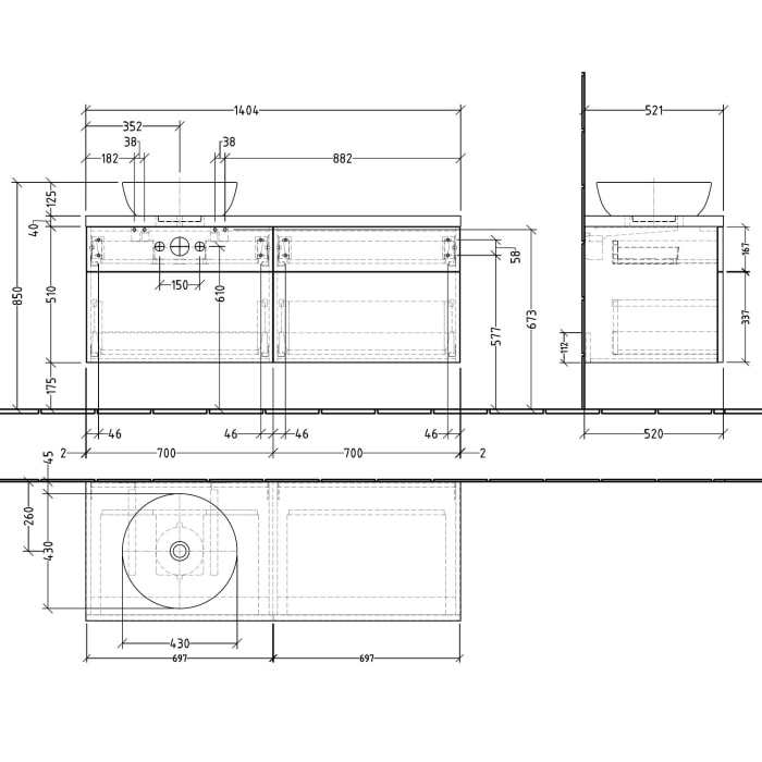 Sanipa 2morrow WT-Unterbau und Anbauschrank mit Konsole 140,4 cm für Keramik-WT Artis, links