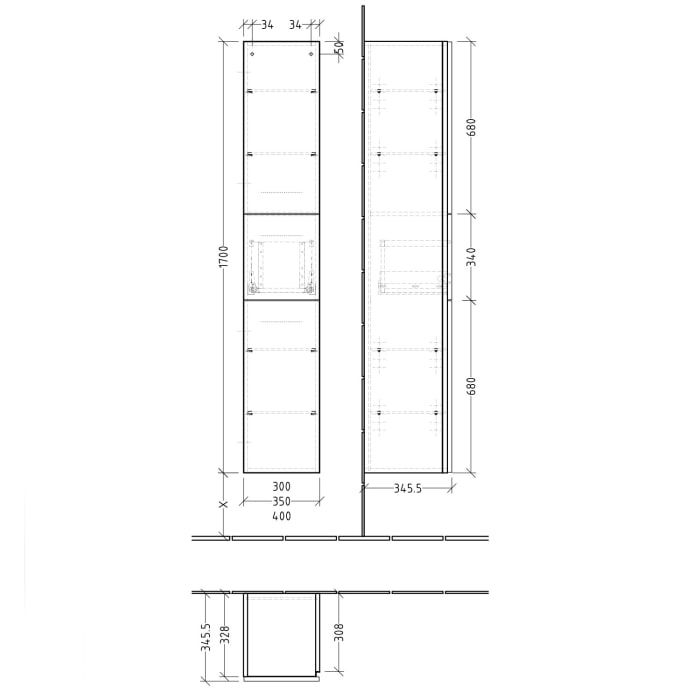 Sanipa 3way Hochschrank 30 cm, 2 Türen mit Türanschlag links, mit Stangengriff 0100