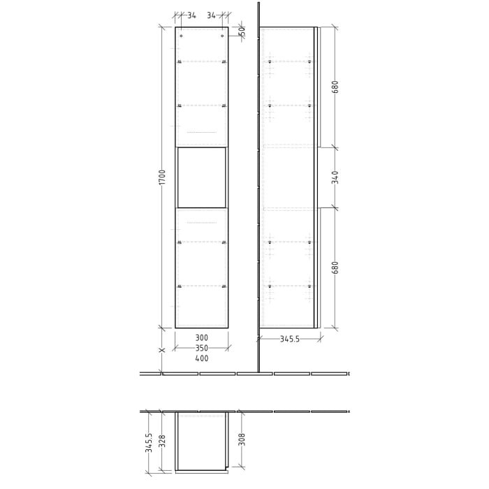 Sanipa 3way Hochschrank 35 cm, 1 offenes Fach, 2 Türen mit Türanschlag rechts, mit Stangengriff