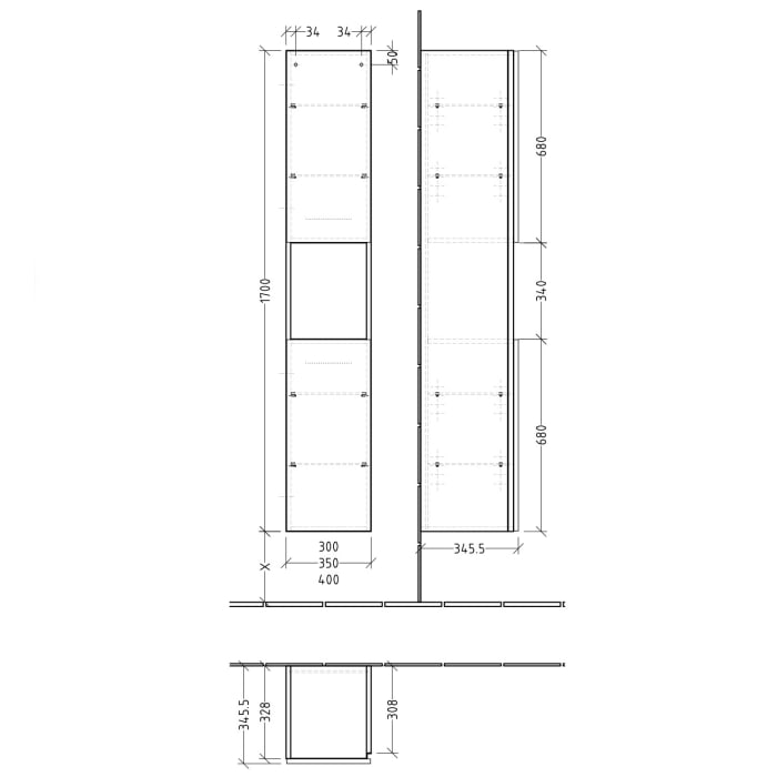 Sanipa 3way Hochschrank 40 cm, 1 offenes Fach, 2 Türen mit Türanschlag links