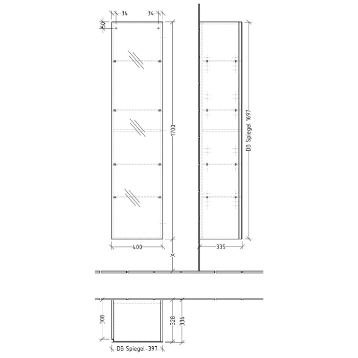 Sanipa 3way Hochschrank 40 cm, 1 Spiegel-Tür mit Türanschlag rechts