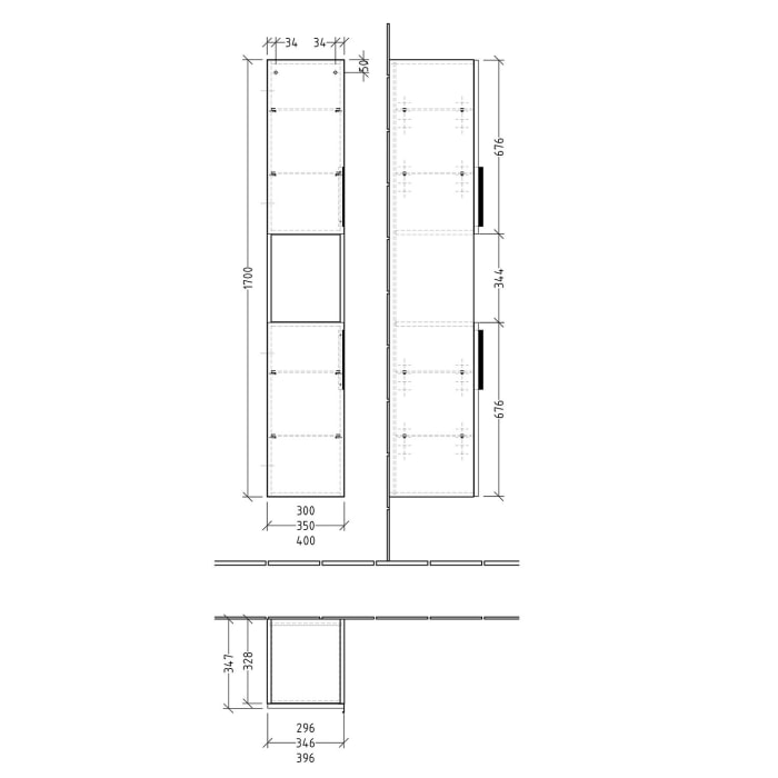 Sanipa 3way Hochschrank 40 cm, 1 offenes Fach, 2 Türen mit Türanschlag rechts, mit Aufsatzgriff