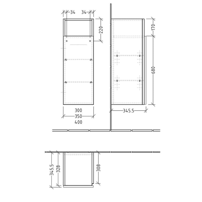 Sanipa 3way Mittelschrank 40 cm, 1 Tür mit Anschlag links, 1 offenes Fach, mit Griff-Leiste