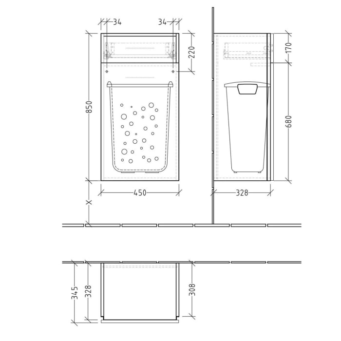 Sanipa 3way Mittelschrank 45 cm, 1 Auszug, 1 Wäschekorbklappe, mit Griff-Leiste