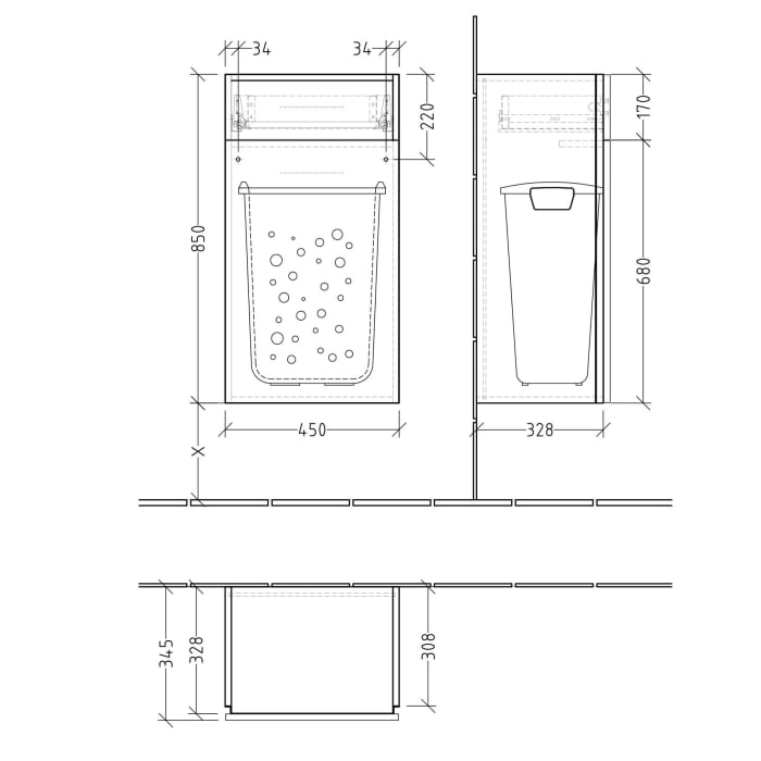 Sanipa 3way Mittelschrank 45 cm, 1 Auszug, 1 Wäschekorbklappe, mit Griff-Leiste