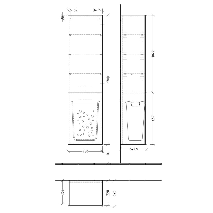 Sanipa 3way Stauraumschrank 45 cm, 1 Wäschekorbklappe, 1 Tür mit Türanschlag rechts, mit Stangengriff