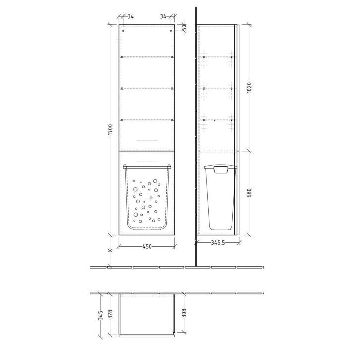 Sanipa 3way Stauraumschrank 45 cm, 1 Wäschekorbklappe, 1 Tür mit Türanschlag links