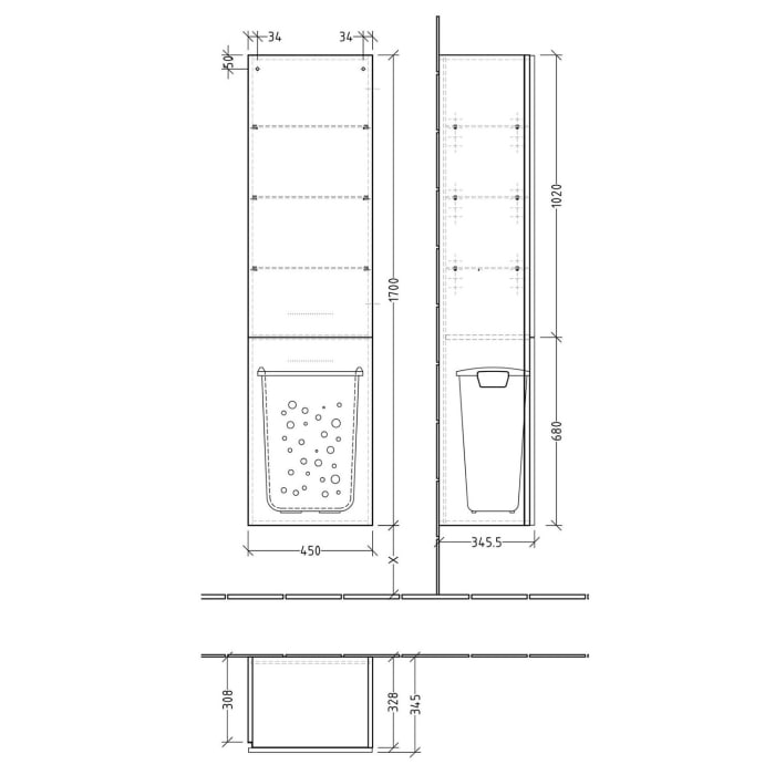 Sanipa 3way Stauraumschrank 45 cm, 1 Wäschekorbklappe, 1 Tür mit Türanschlag rechts