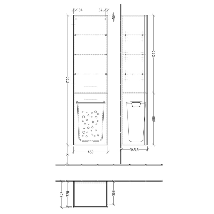 Sanipa 3way Stauraumschrank 45 cm, 1 Wäschekorbklappe, 1 Tür mit Türanschlag links